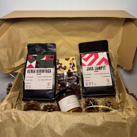 Zestaw ŚWIĄTECZNY KOSZ PREZENTOWY Upominek Kawa Ziarna CZEKOLADA Konfitura