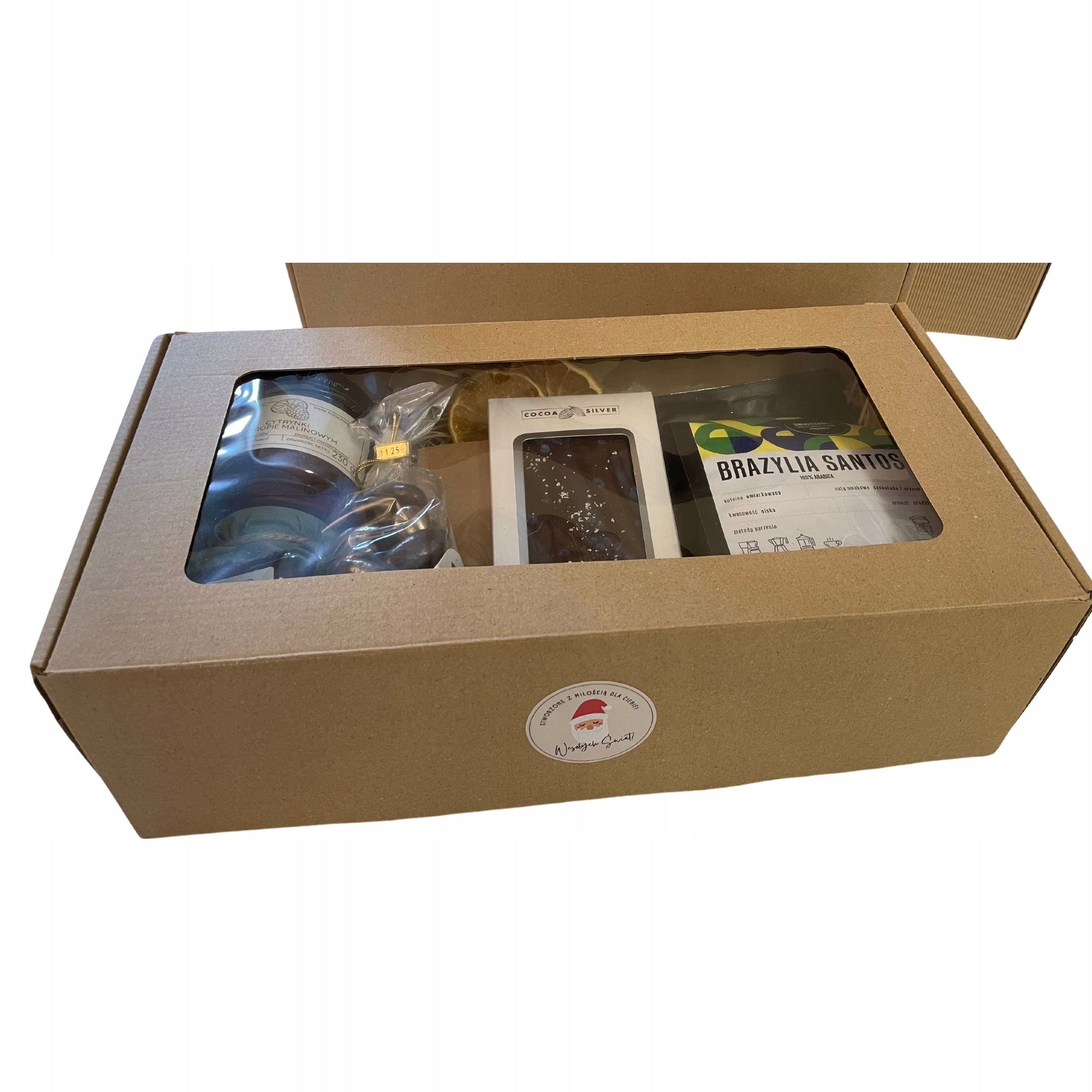 KOSZ BOX PREZENTOWY NA PREZENT UPOMINEK ŚWIĄTECZNY KAWA CZEKOLADA KONFITURY Produkt nie zawiera antyzbrylaczy drożdży GMO konserwantów oleju palmowego tłuszczy trans (utwardzanych)