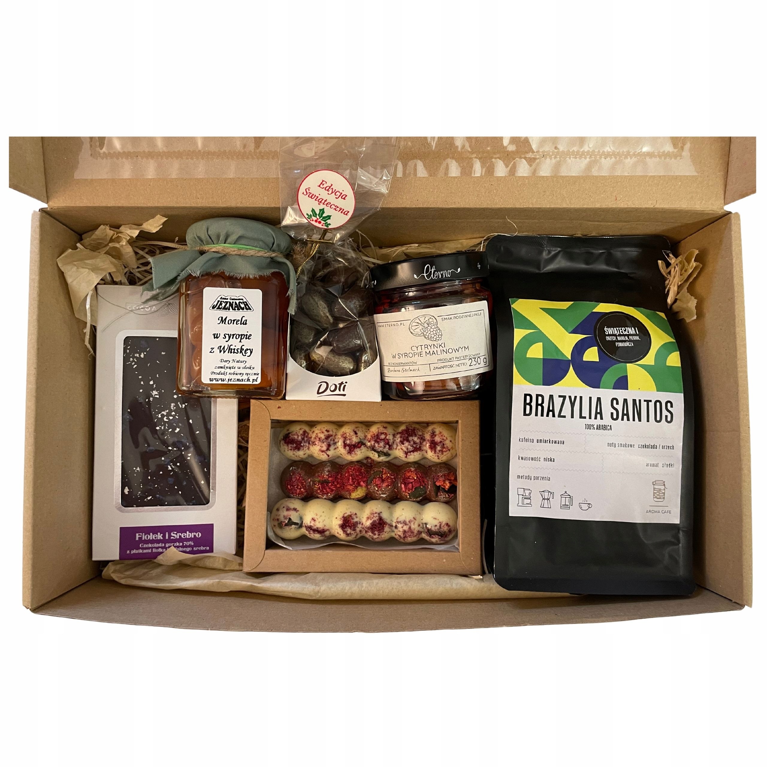 KOSZ BOX PREZENTOWY NA PREZENT UPOMINEK ŚWIĄTECZNY KAWA CZEKOLADA KONFITURY Cechy dodatkowe niesiarkowane niskodrażniące w czekoladzie