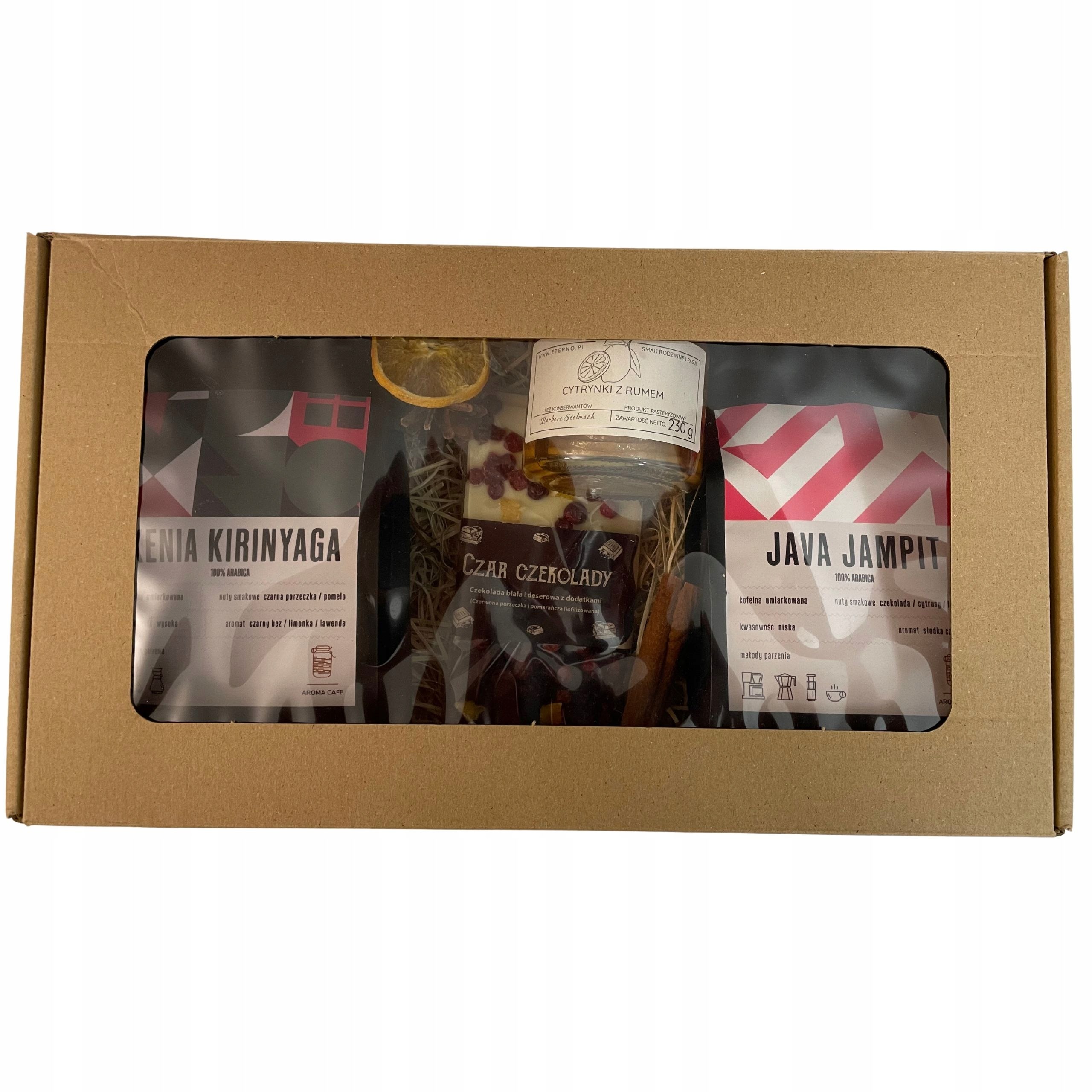 Zestaw ŚWIĄTECZNY KOSZ PREZENTOWY Upominek Kawa Ziarna CZEKOLADA Konfitura Produkt nie zawiera antyzbrylaczy drożdży GMO konserwantów oleju palmowego tłuszczy trans (utwardzanych)